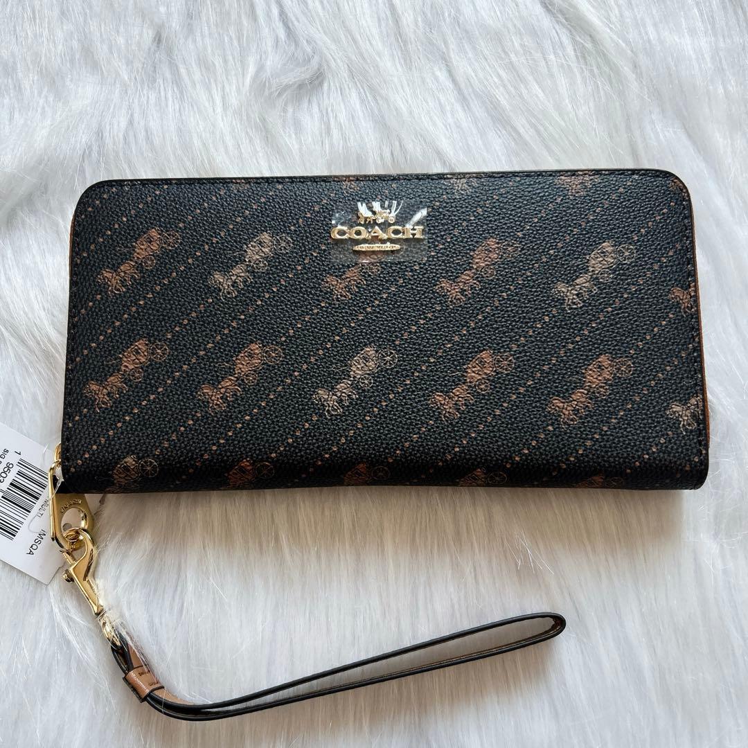 新品✨コーチ 長財布 ホース＆キャリッジ ストラップ付 ダークブラウン×レッド