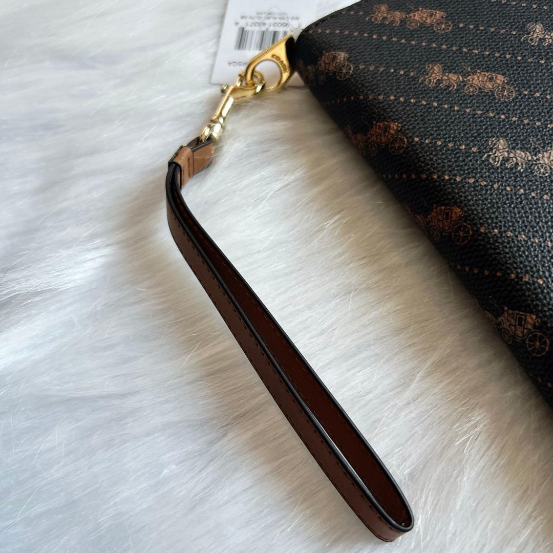 新品✨コーチ 長財布 ホース＆キャリッジ ストラップ付 ダークブラウン×レッド