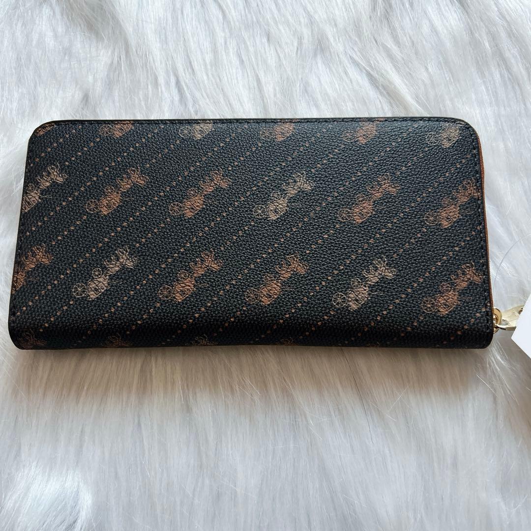 新品✨コーチ 長財布 ホース＆キャリッジ ストラップ付 ダークブラウン×レッド