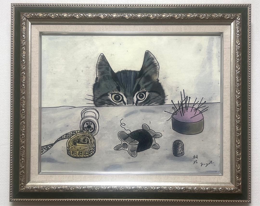 【F6号】藤田嗣治（仕立て屋の猫）手描き/表裏サイン有/油彩/裏シール有り/額縁
