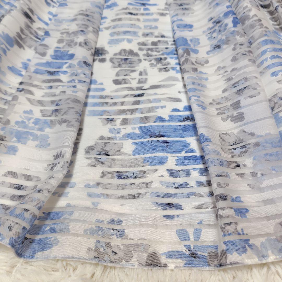 【美品♡人気デザイン】エムズグレイシー　シアーフラワーリボンフレアワンピース　青