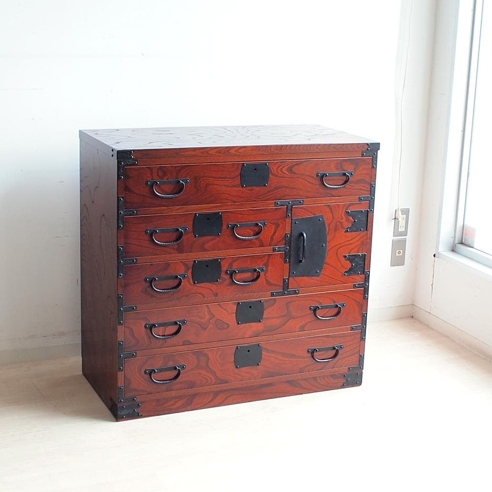 青木産業 越後 整理箪笥 90cm 鍵付き 欅材 時代箪笥 金具 ZR24078