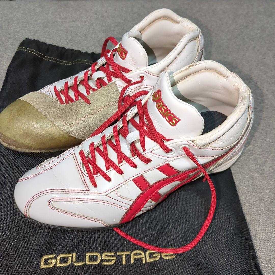 ASICS GOLDSTAGE スパイク ホワイト/レッド超強力Ｐ革付27.5㎝