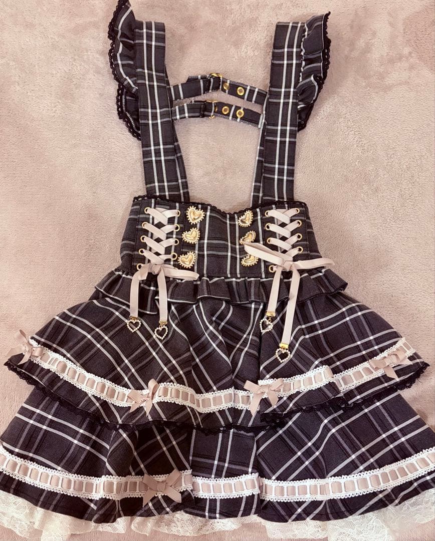 LIZLISA はしごリボンチェックティアード スカパン グレー