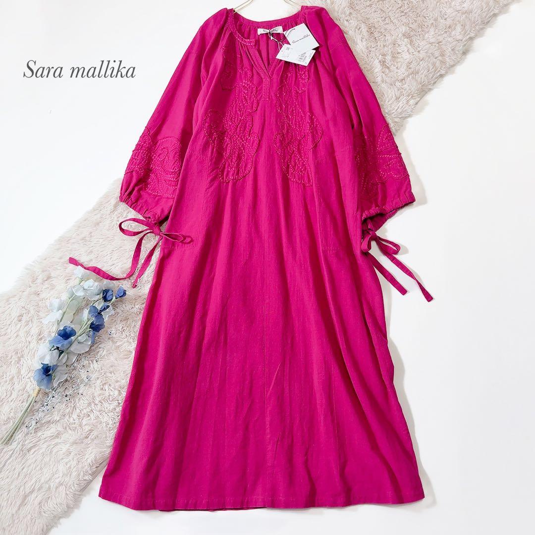 新品タグ付ꕥサラマリカ コットンリネンパッチドレス 共布リボン 刺繍 ゆったり