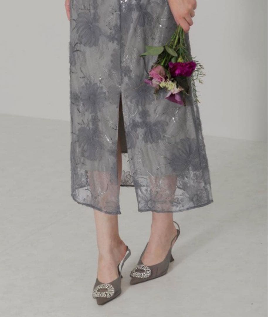 【美品】leja スパンコールレーススリーブ ラインロングワンピースドレス