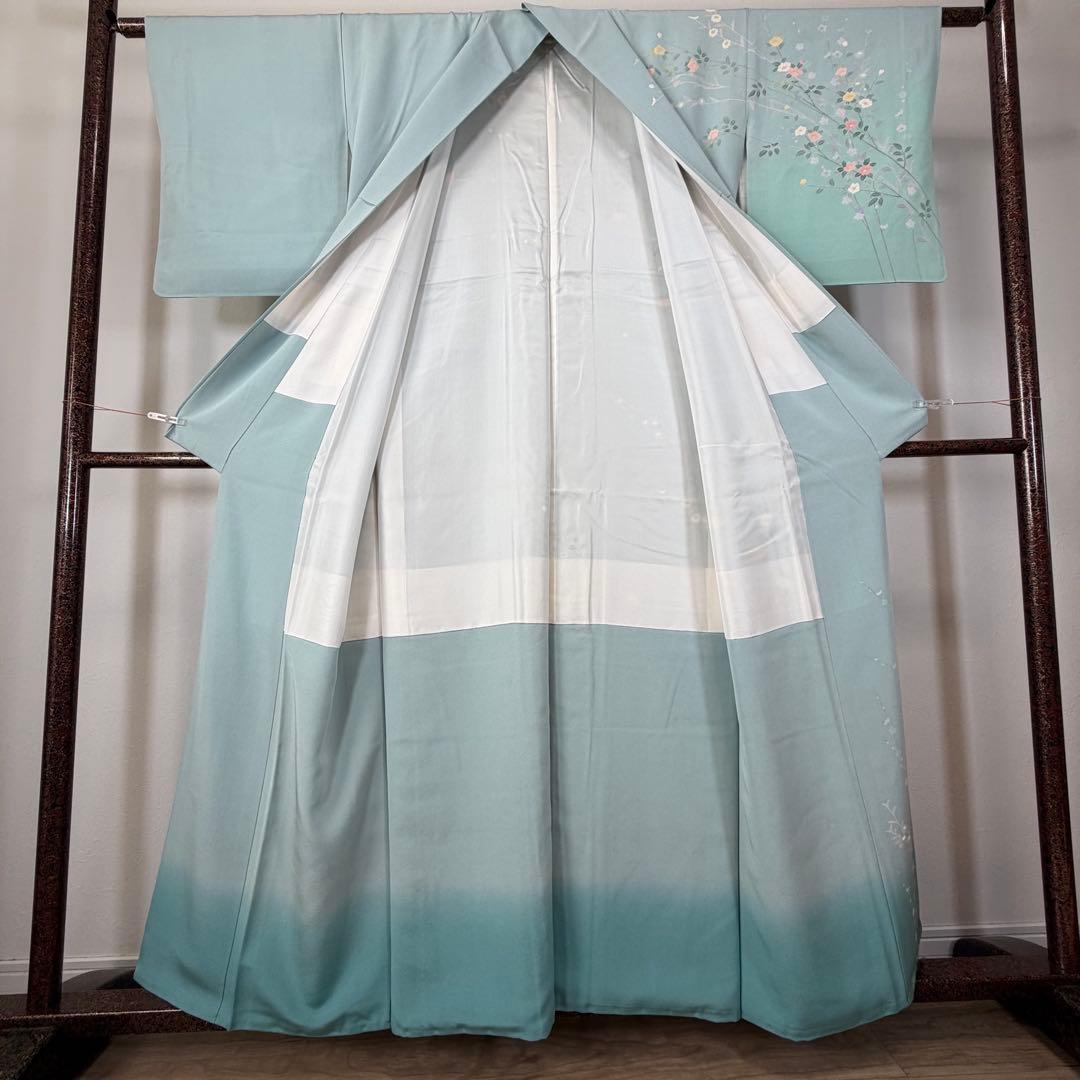 超美品　正絹　訪問着　着物　160　水色　作家物　峰山和生　手書き友禅　紋無し