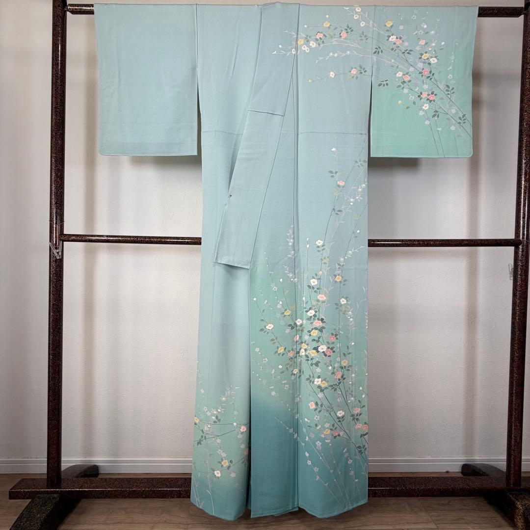 超美品　正絹　訪問着　着物　160　水色　作家物　峰山和生　手書き友禅　紋無し