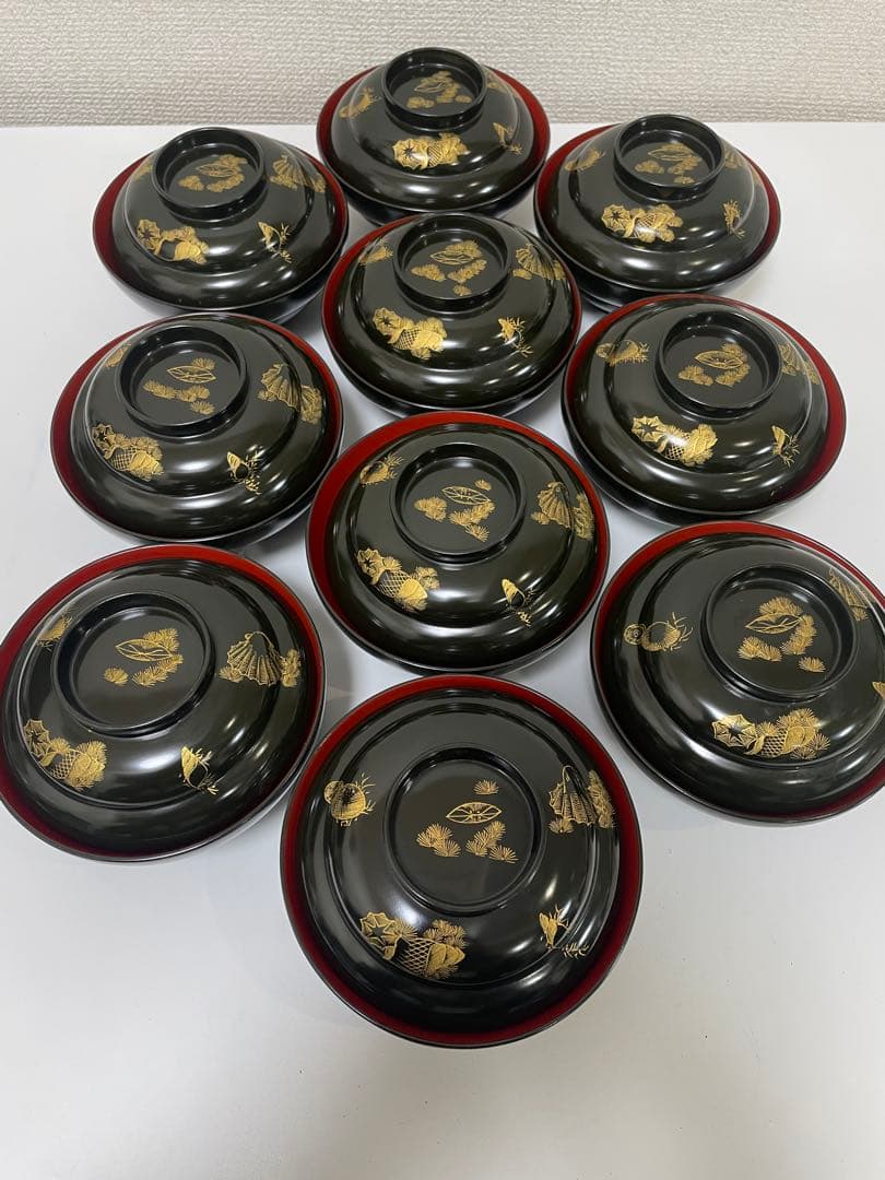 漆器 輪島塗 金蒔絵 貝柄 黒 内朱 吸物 割烹 蓋付き10客個 お煮物椀