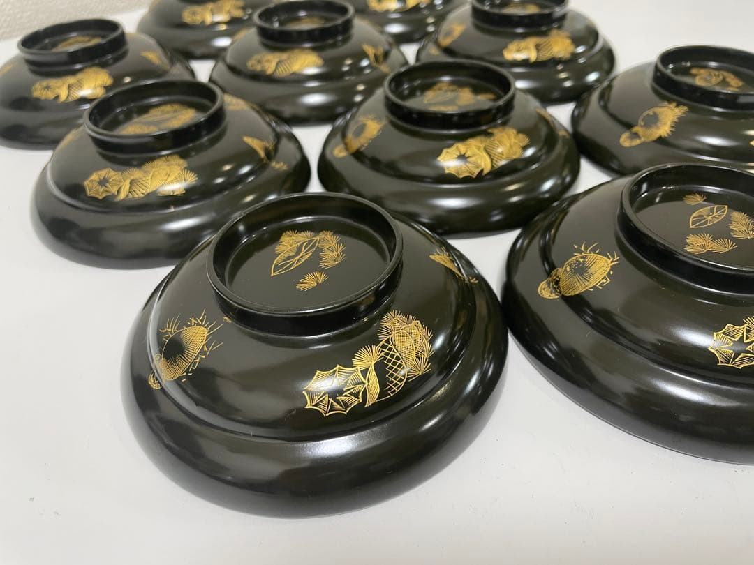 漆器 輪島塗 金蒔絵 貝柄 黒 内朱 吸物 割烹 蓋付き10客個 お煮物椀