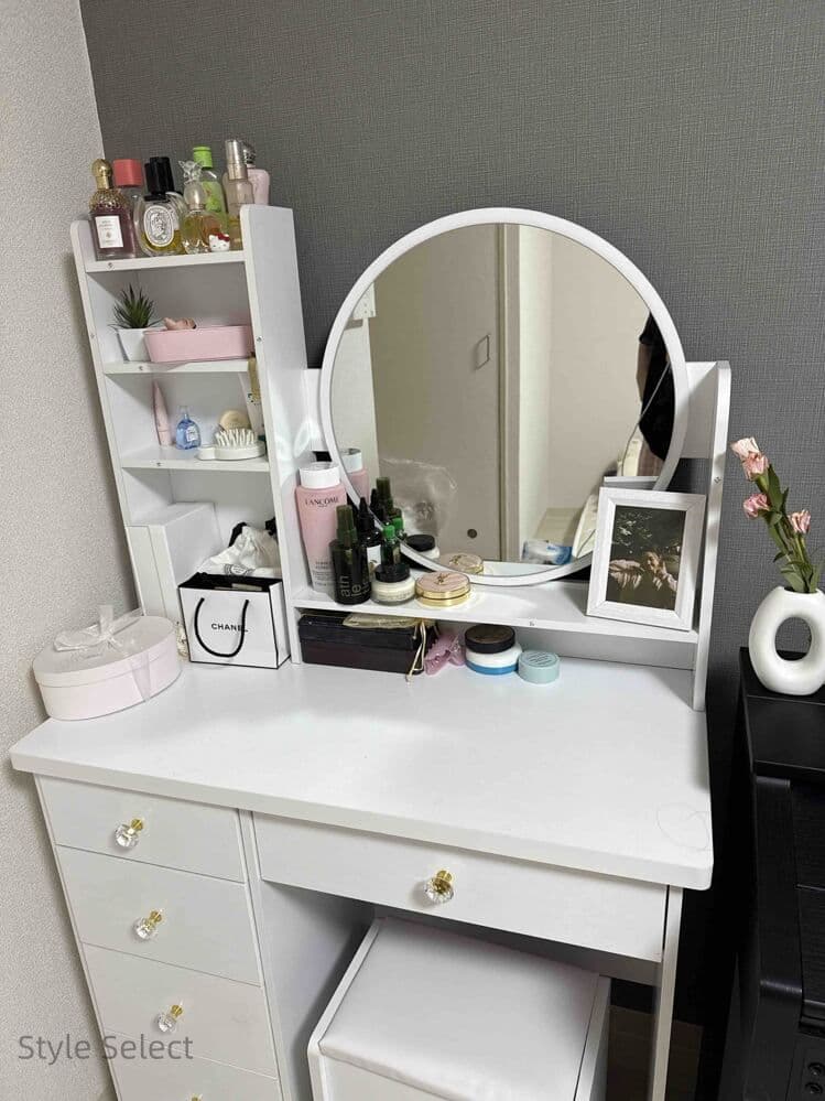 北欧風化粧台 トドレッサー 幅 47.5cm LED ライト付き スツール付き