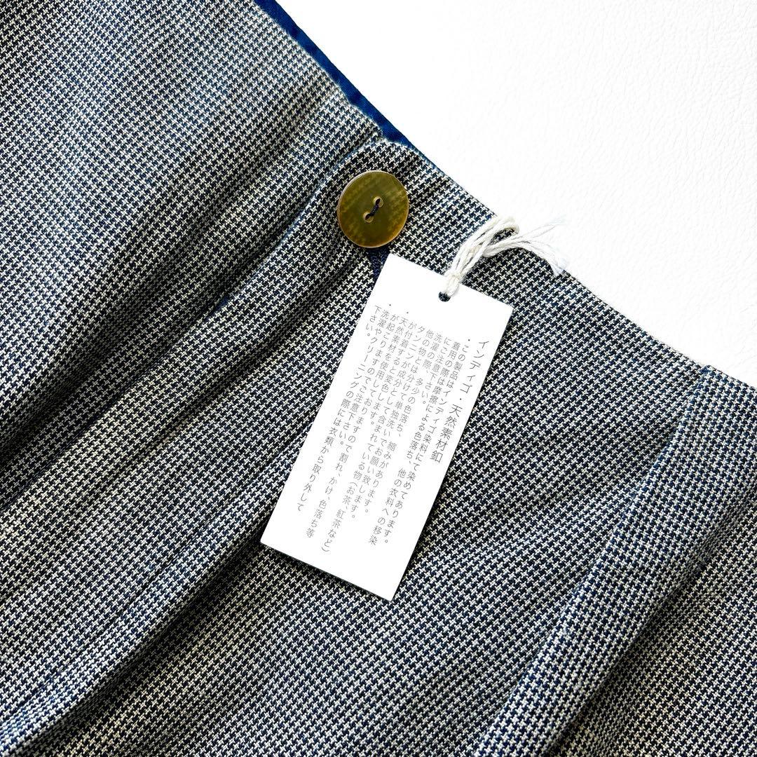 新品未使用 パラスパレス 洗える インディゴ染め マイクロ千鳥柄 タックパンツ