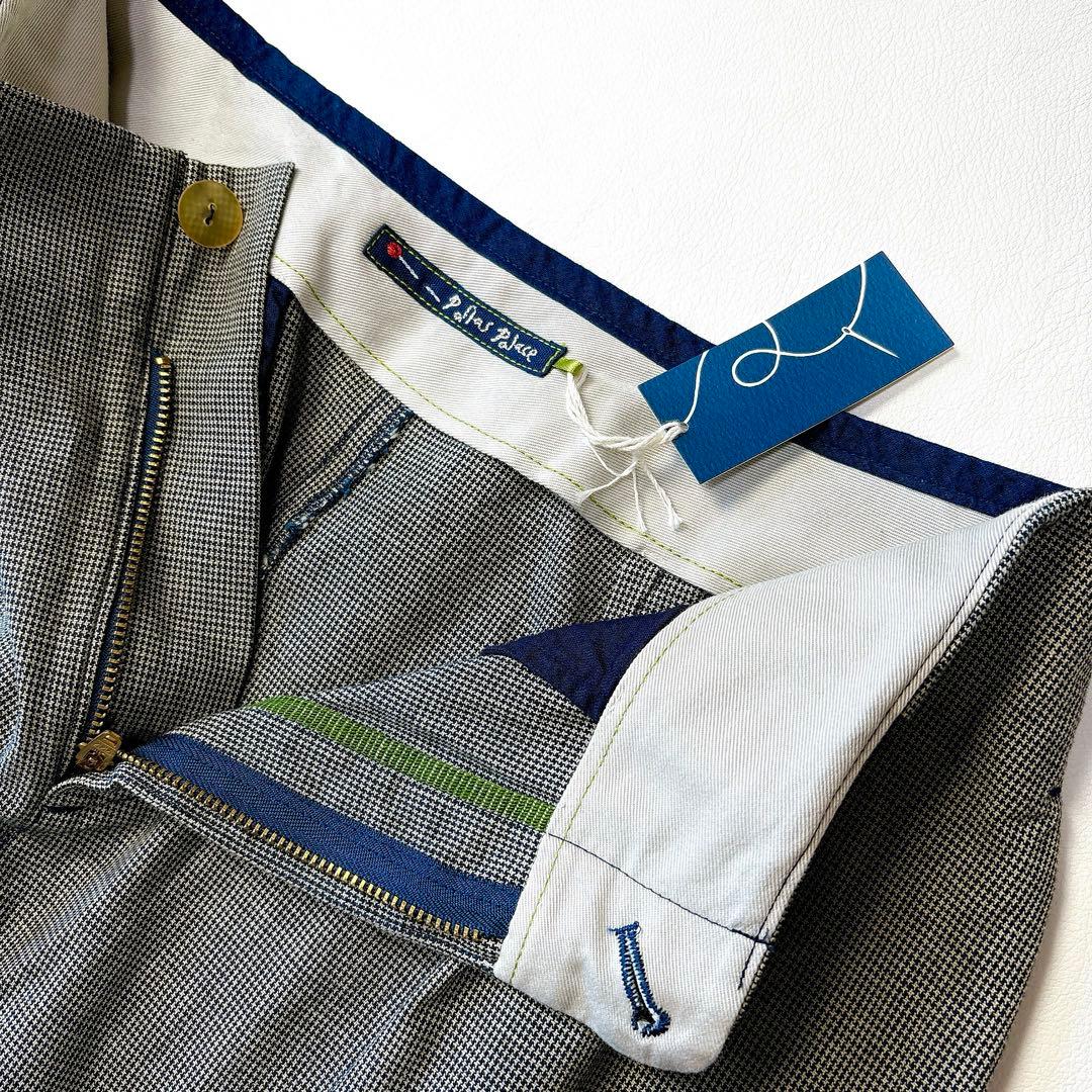 新品未使用 パラスパレス 洗える インディゴ染め マイクロ千鳥柄 タックパンツ