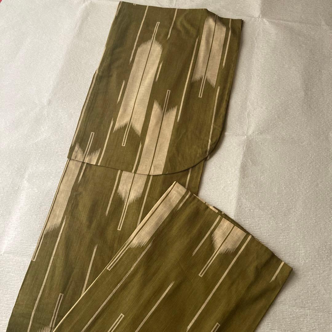 撫松庵　そしてゆめ　鶯色と生成りの矢羽浴衣　未使用　日本製　美品　ゆったりサイズ