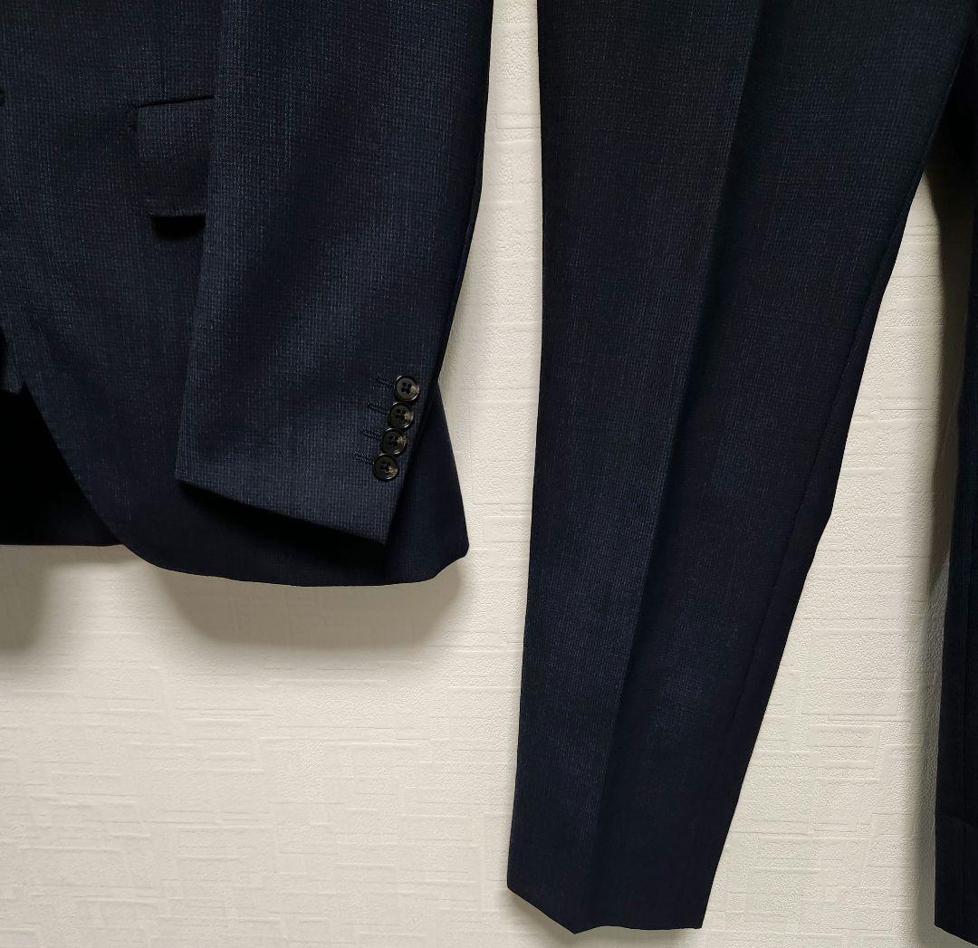 オリヒカ　メンズスーツ　スリーピース　セットアップ　濃紺ブルー　チェック　細身