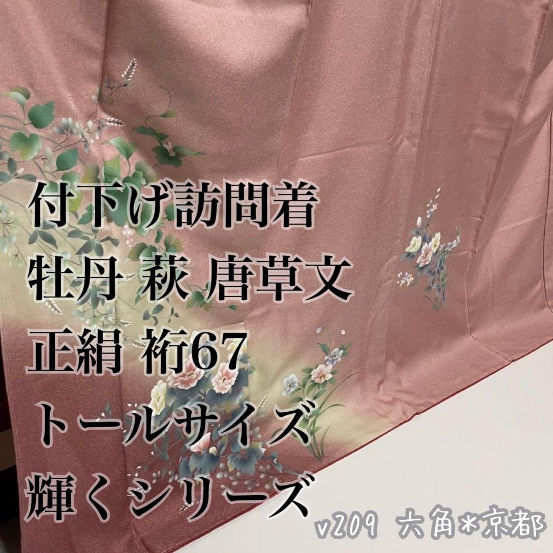 ぽ*ん様 付下げ 牡丹 萩 唐草文 正絹 裄67 トールサイズ v209