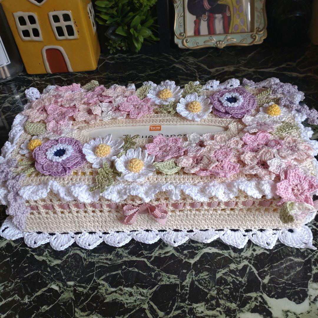 シクラメン様ティッシュボックスカバーかぎ編み生活道具レース編みドイリー