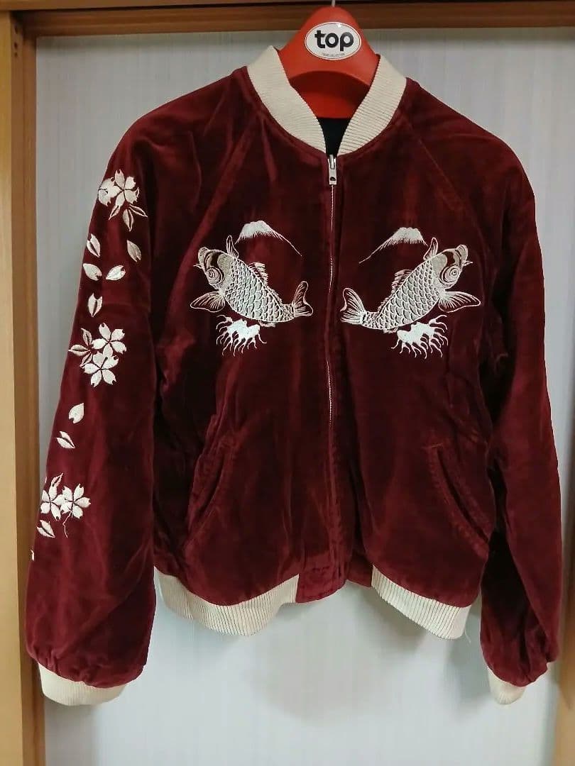 百花繚乱リバーシブルスカジャン 別珍Sサイズワインレッド