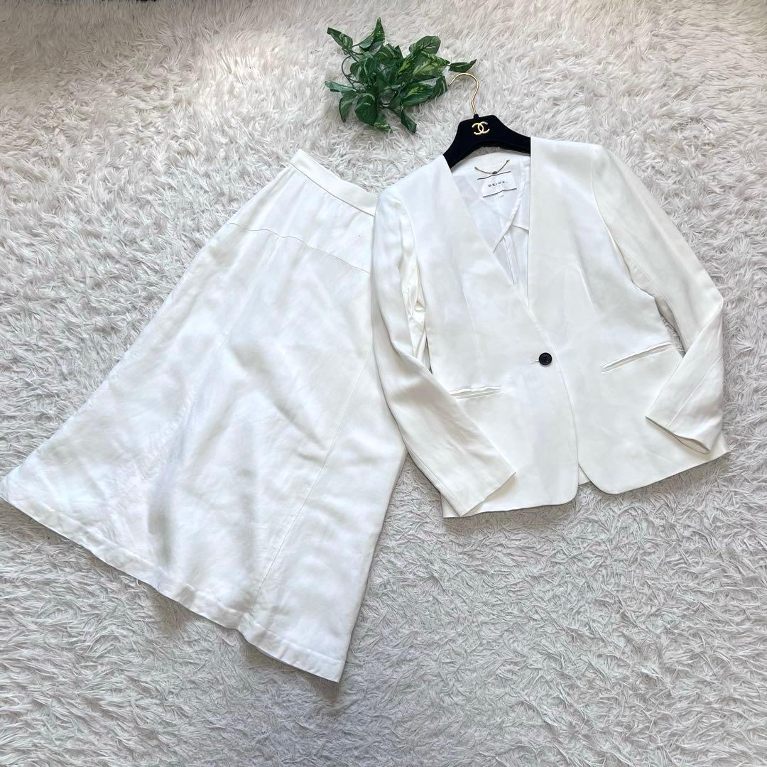 美品 現行 ベイジ セットアップスーツ ノーカラージャケット リネン混 スカート