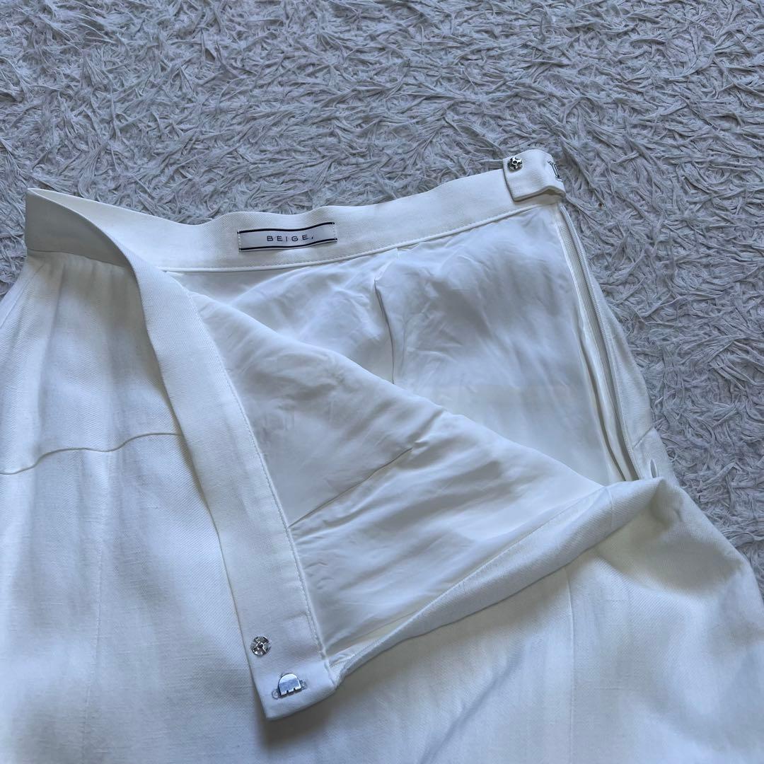 美品 現行 ベイジ セットアップスーツ ノーカラージャケット リネン混 スカート