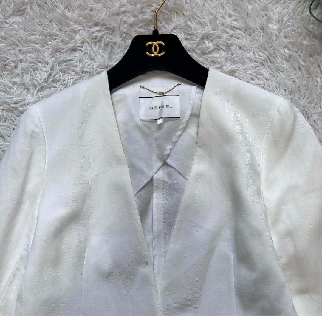 美品 現行 ベイジ セットアップスーツ ノーカラージャケット リネン混 スカート
