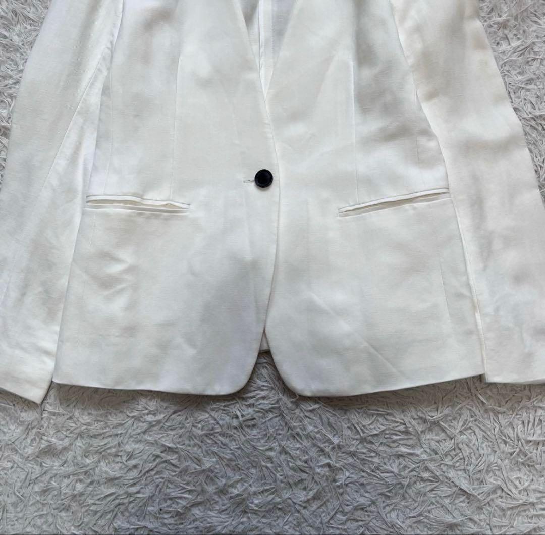 美品 現行 ベイジ セットアップスーツ ノーカラージャケット リネン混 スカート