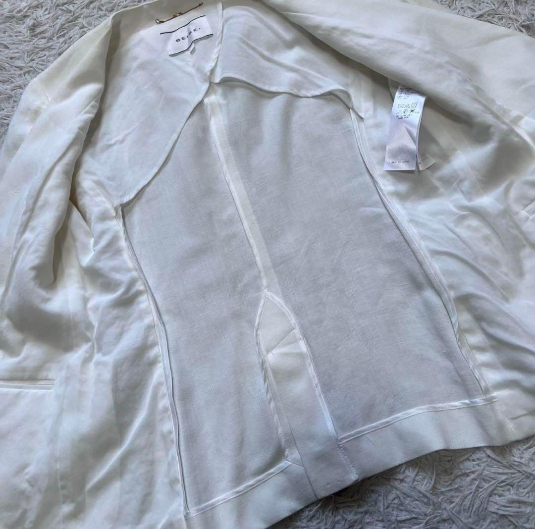 美品 現行 ベイジ セットアップスーツ ノーカラージャケット リネン混 スカート
