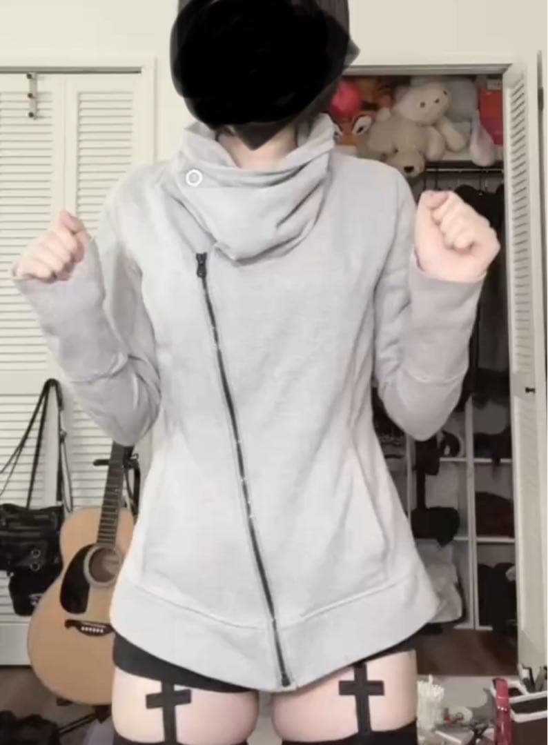 グレー ジッパー付きフード パーカー