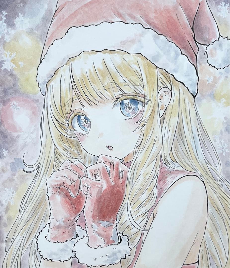 手描きイラスト　クリスマス　サンタ少女1、2セット　色紙イラスト