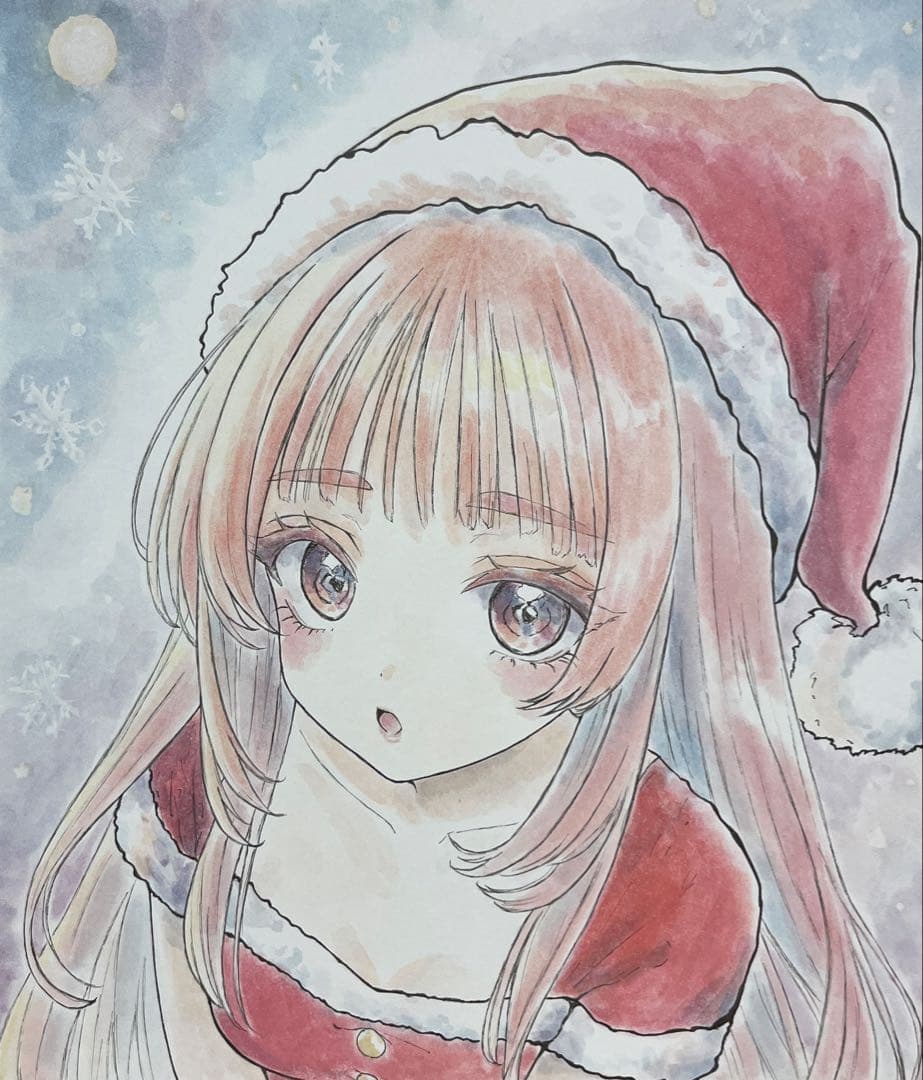 手描きイラスト　クリスマス　サンタ少女1、2セット　色紙イラスト
