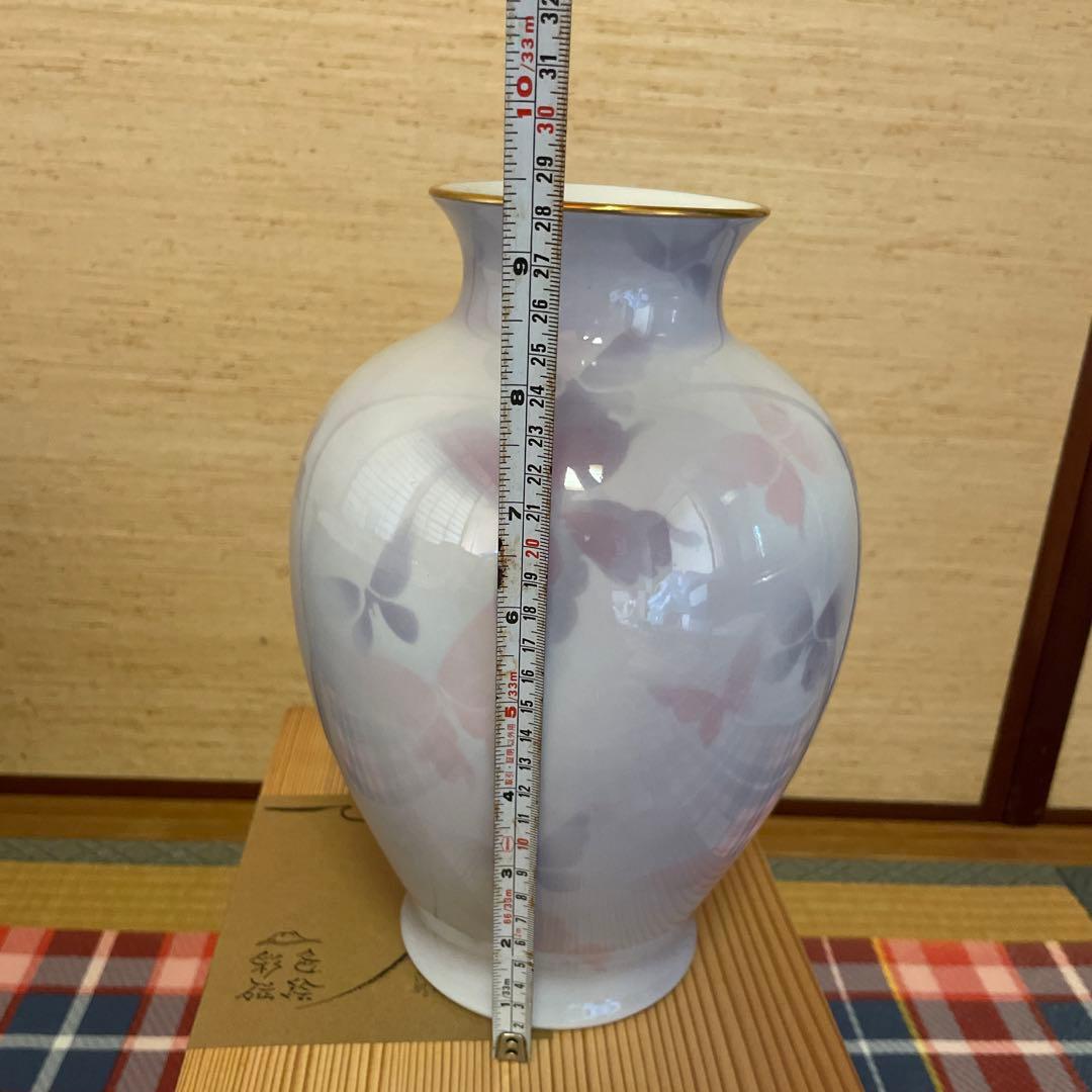深川製磁　薄紫色 花模様 陶器 花瓶 木製箱付き