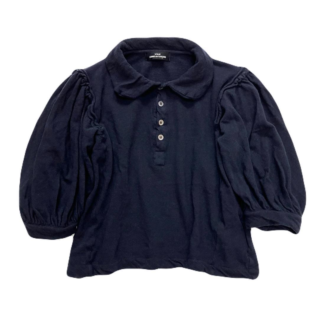 トリココムデギャルソン ギャザーショルダー ニット ポロシャツ 製品染め 黒 M