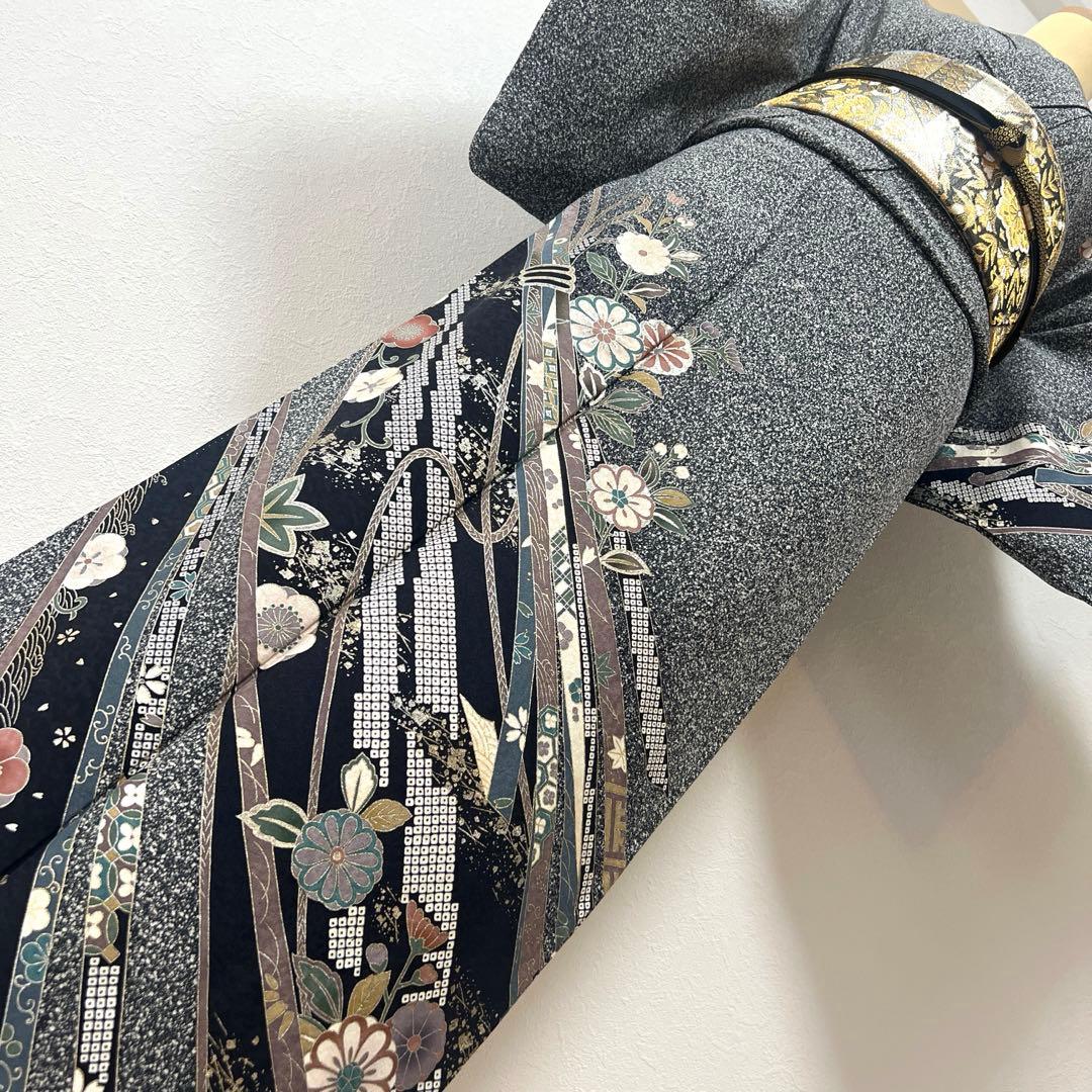 408 訪問着フルセット 正絹 濃紺 黒 金銀彩 たたき染め シック クール