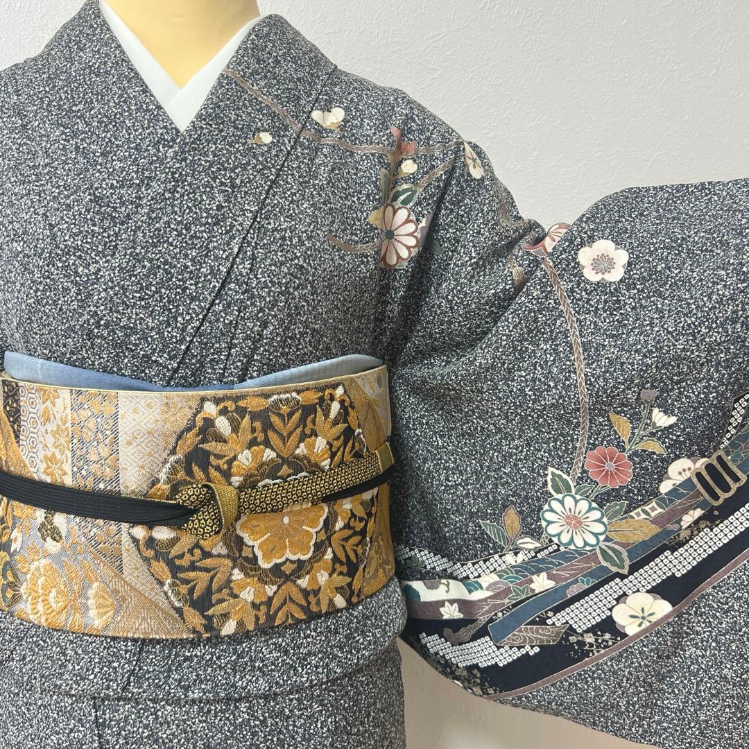 408 訪問着フルセット 正絹 濃紺 黒 金銀彩 たたき染め シック クール