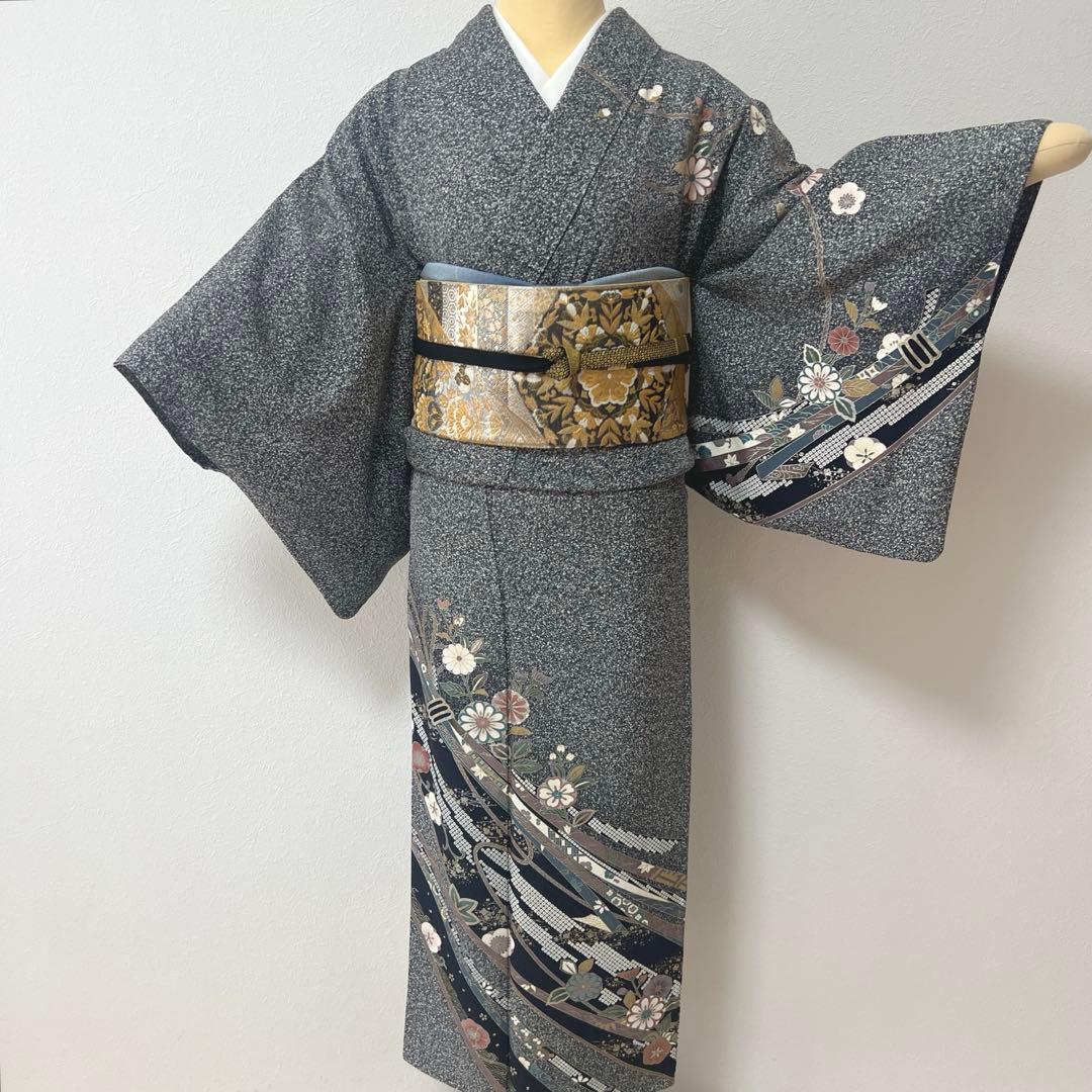 408 訪問着フルセット 正絹 濃紺 黒 金銀彩 たたき染め シック クール