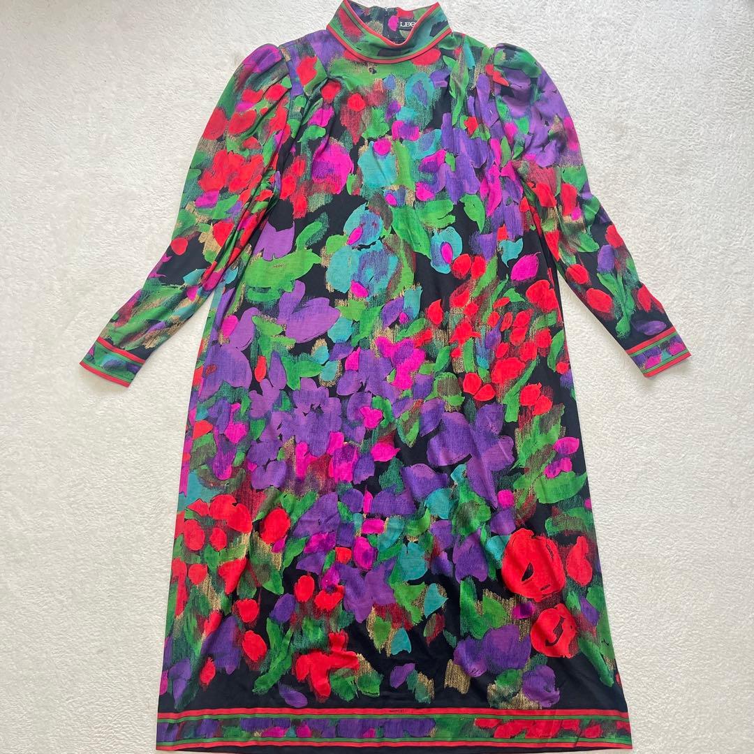 専用レオナール 花柄 水彩絵風 長袖 シルク ワンピース Mサイズ