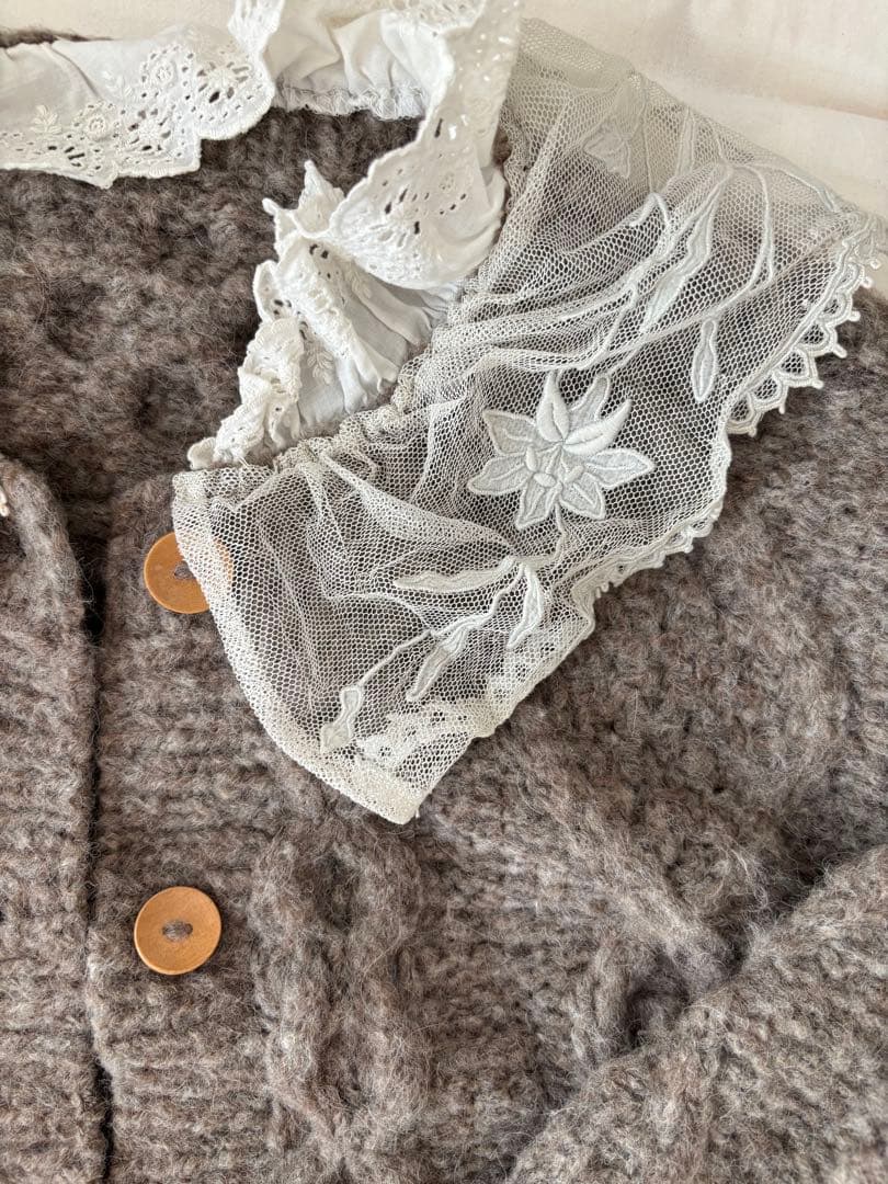 グレー ウール 手編み カーディガン フランスアンティークレース アルパカ