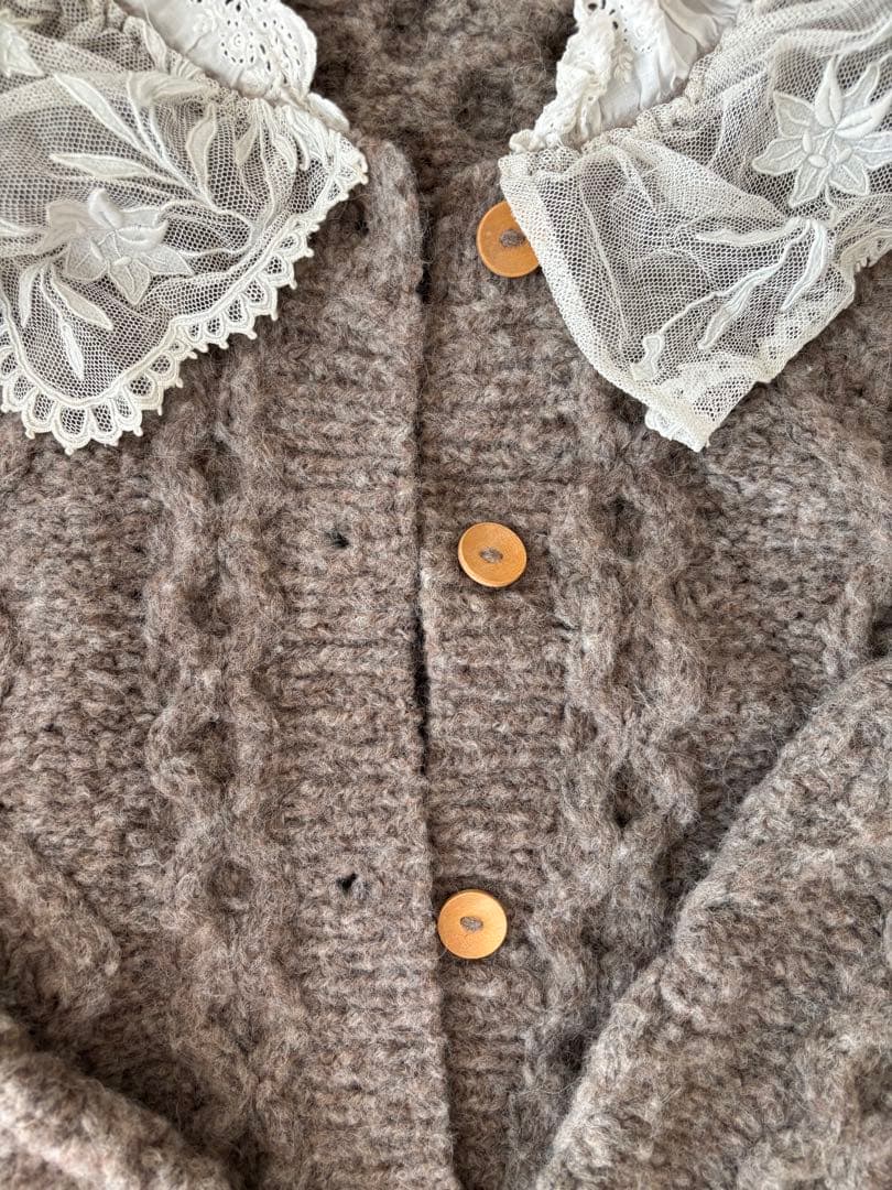 グレー ウール 手編み カーディガン フランスアンティークレース アルパカ