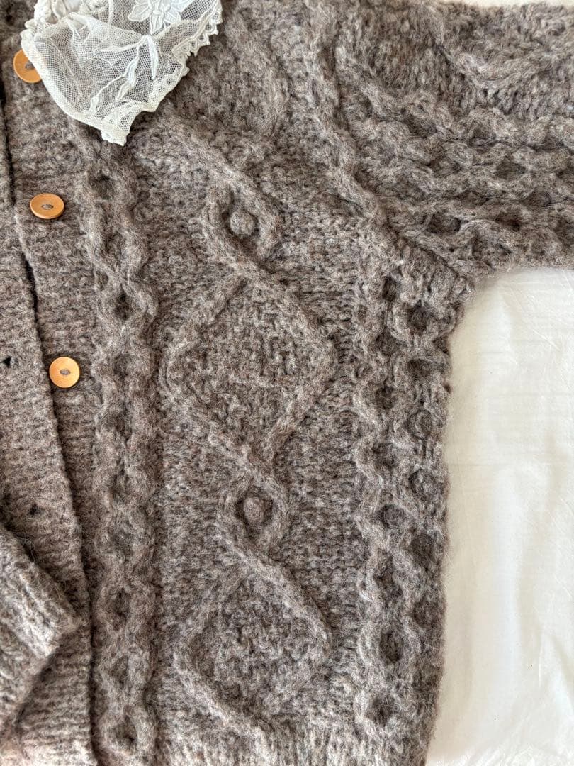 グレー ウール 手編み カーディガン フランスアンティークレース アルパカ