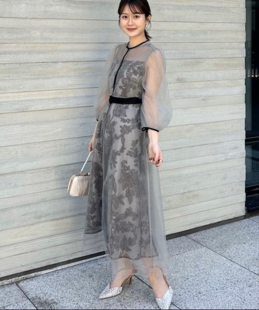 【LEJA】「Sサイズ」チュールパイピングリーフベルトAラインワンピースドレス