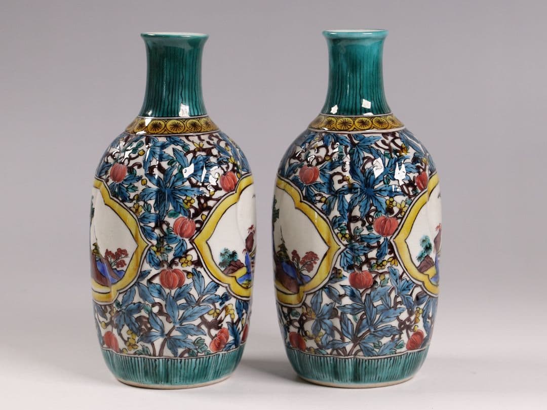 M681/ 初代 徳田八十吉 九谷焼 山水 徳利一対 共箱共布 二代徳利付 酒器