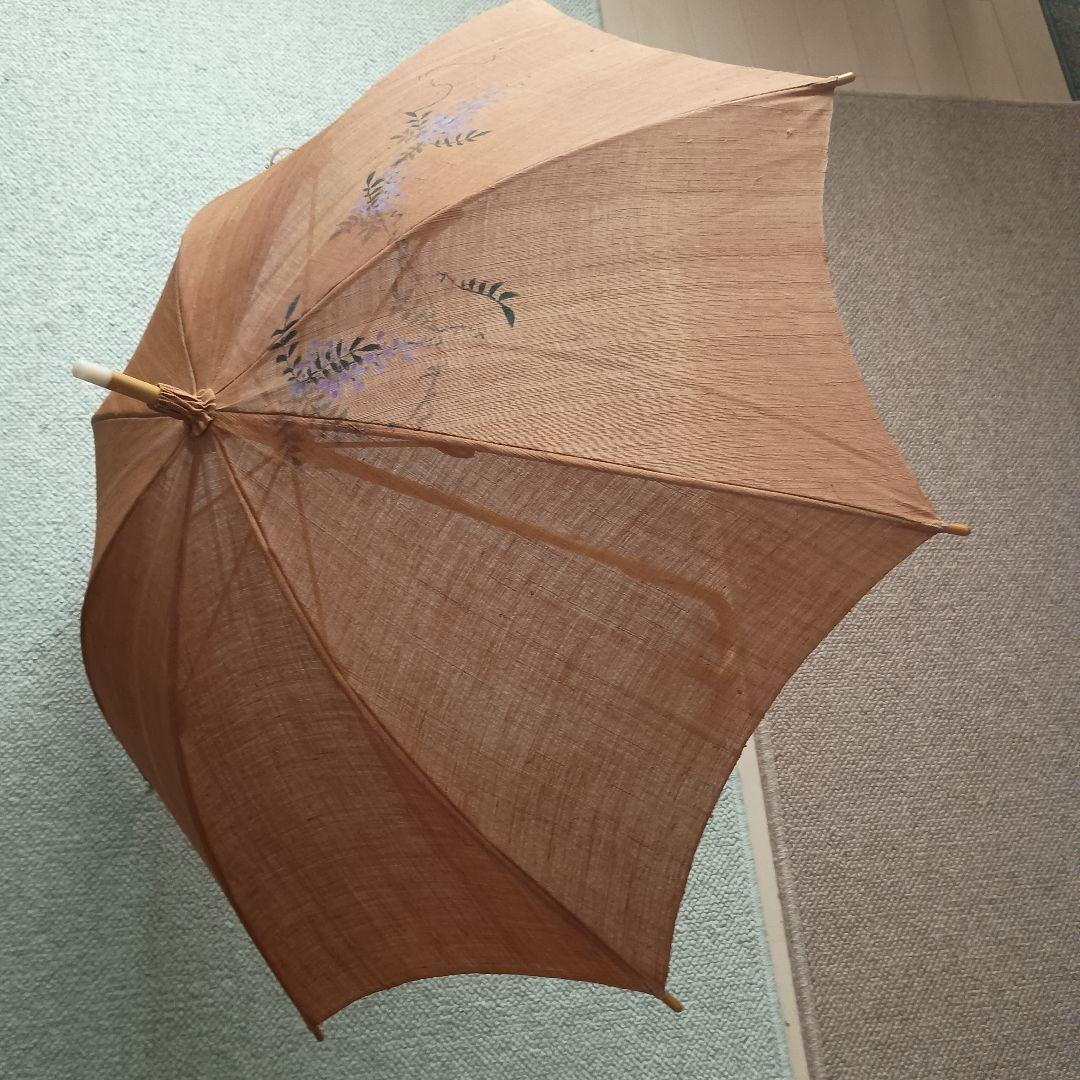 麻の日傘　柿渋染　日本製 藤の花 木製持ち手　手染め