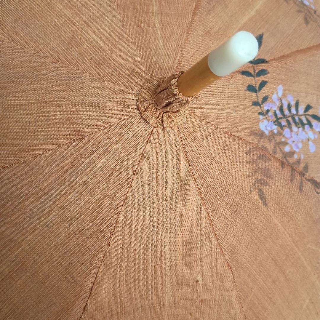 麻の日傘　柿渋染　日本製 藤の花 木製持ち手　手染め