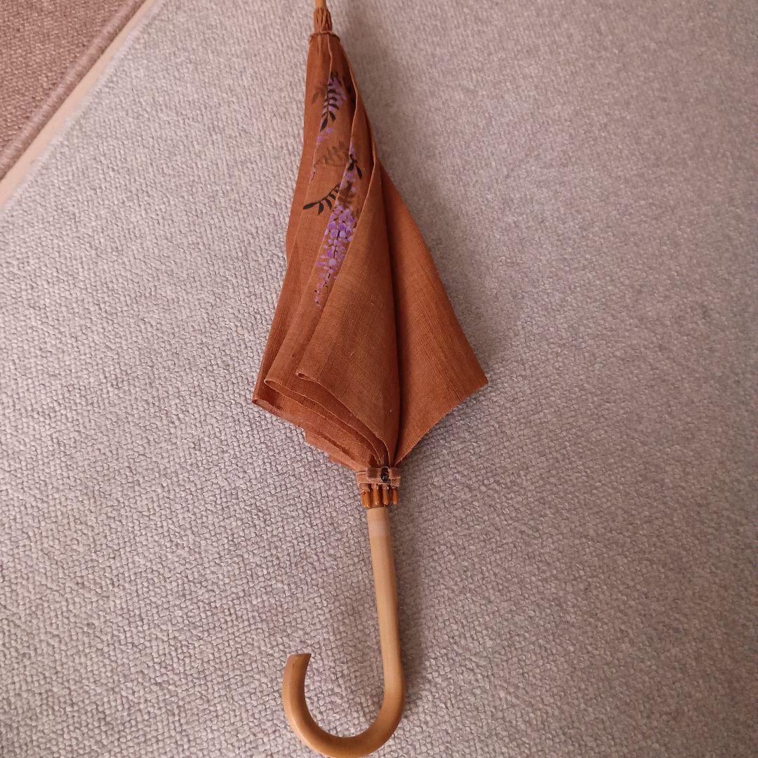 麻の日傘　柿渋染　日本製 藤の花 木製持ち手　手染め