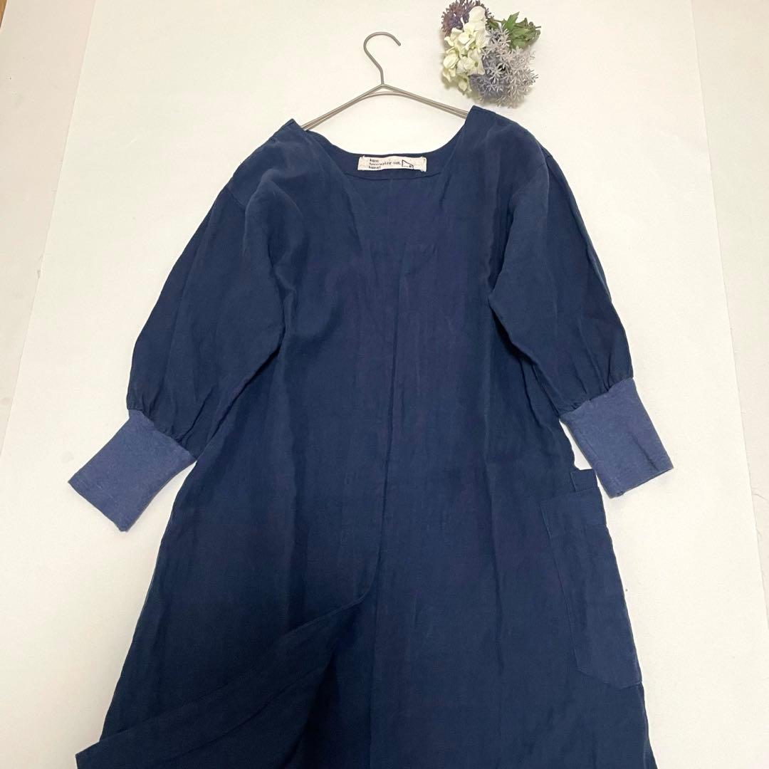 【希少】【レア】【一点物】カポック 割烹着 コート デニム生地 麻 M-L