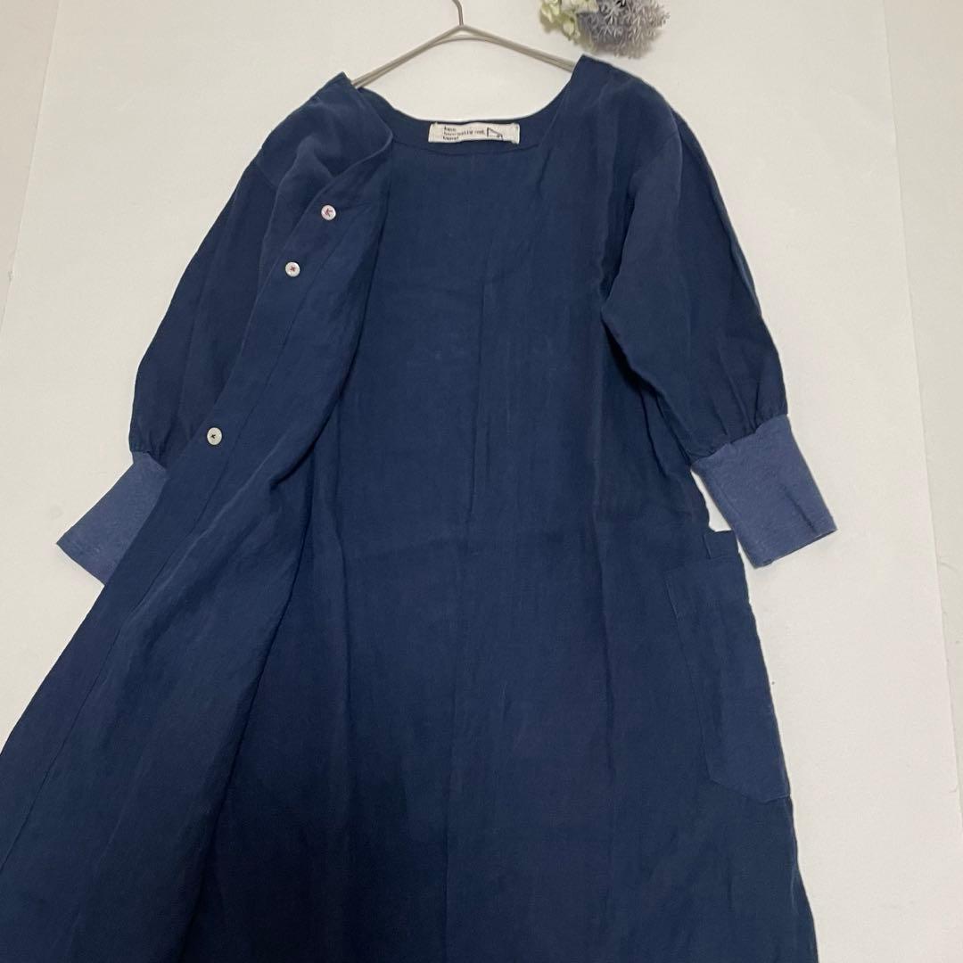 【希少】【レア】【一点物】カポック 割烹着 コート デニム生地 麻 M-L