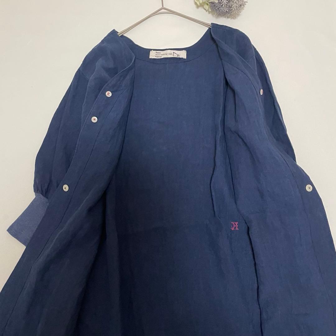 【希少】【レア】【一点物】カポック 割烹着 コート デニム生地 麻 M-L