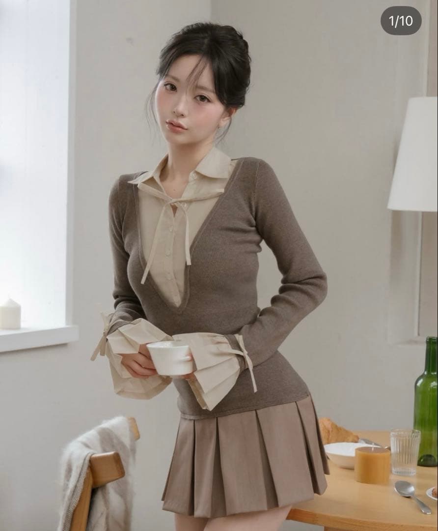 シャツドッキングプリーツミニワンピース モカ FL