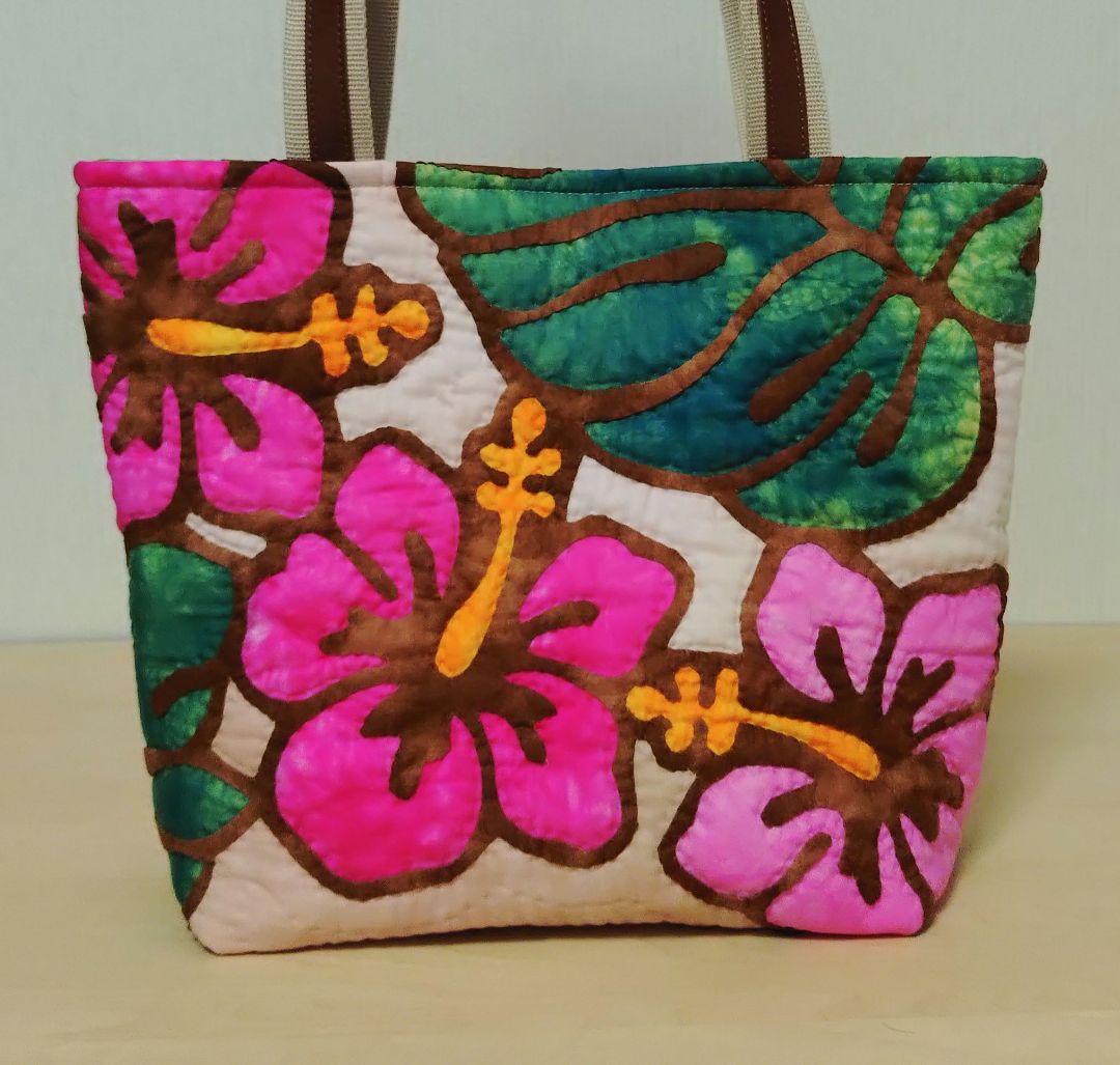 ハンドメイド・ハワイアンキルトバッグ・ハイビスカス・モンステラ