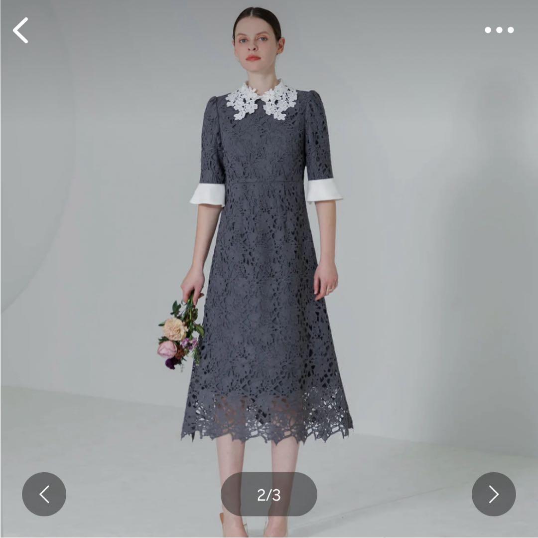 LEJA 花柄レースカラースパンコール刺繍Aラインフレアドレスワンピース